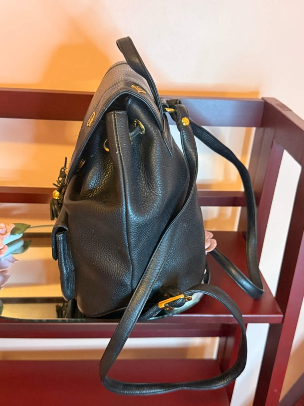 MCM Black Leather Backpack with Gold Hardware - Picture 3 of 7